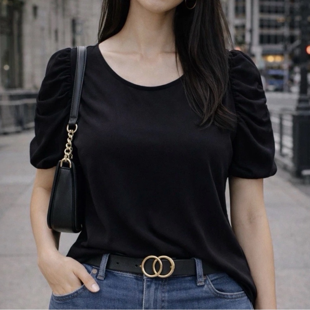 Theory Black Puff Sleeve 100% Silk Blouse Preppy Minimalist Business Casual